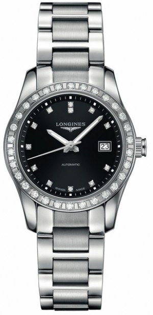 Montre pour femmes Longines Conquest Classic, cadran noir et diamants L2.285.0.57.6