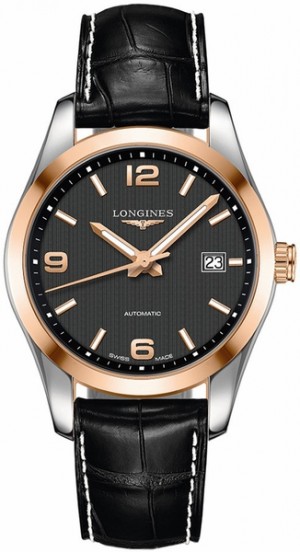 Montre Longines Conquest Classic à cadran noir et or rose massif pour hommes L2.785.5.56.3