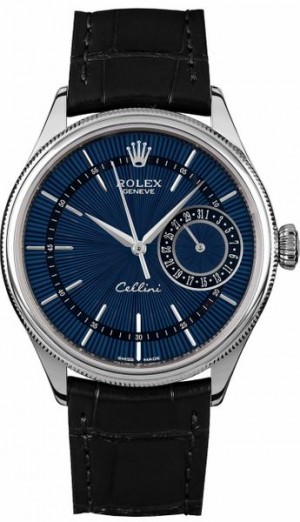Montre Rolex Cellini Date à cadran bleu et bracelet cuir noir pour homme 50519