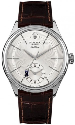 Montre Rolex Cellini Dual Time à cadran argenté et bracelet marron pour hommes 50529