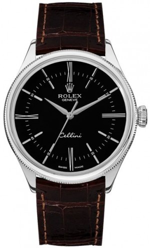 Rolex Cellini Time Montre pour homme en or blanc 18k à cadran noir 50509