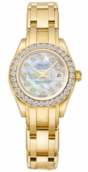 Montre Rolex Pearlmaster pour femmes en or jaune 18 carats avec diamants 80298