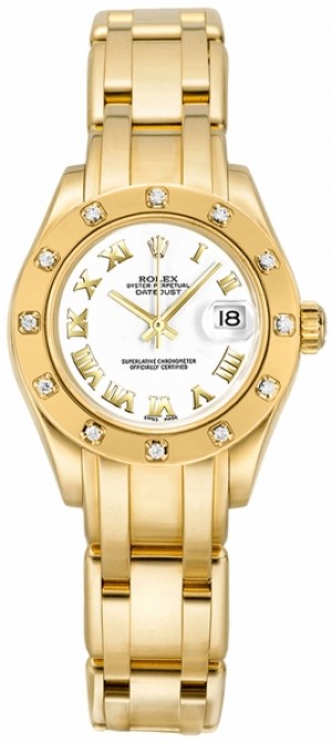 Montre Rolex Pearlmaster pour femmes en or massif 18 carats avec diamants 80318