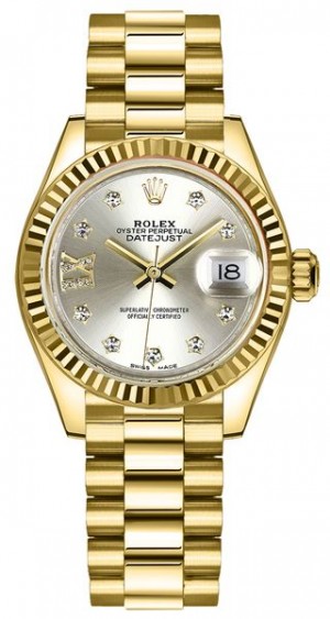 Rolex Lady-Datejust 28 Montre pour femmes en or jaune et cadran argent 279178