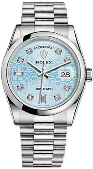 Rolex Day-Date 36 Montre en platine à diamants bleu glacier 118206