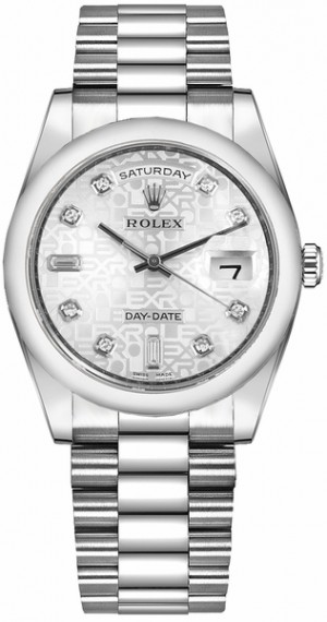 Rolex Day-Date 36 Montre en platine avec cadran en argent et diamants 118206