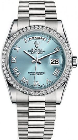 Rolex Day-Date 36 Montre en platine à chiffres romains bleus 118346