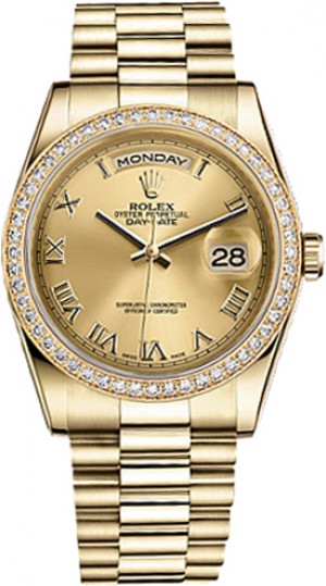 Rolex Day-Date 36 Champagne Montre en or à cadran chiffres romains 118348