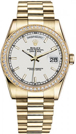 Montre Rolex Day-Date 36 cadran blanc en or 18 carats 118348