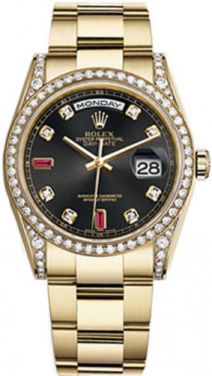 Montre Rolex Day-Date 36 diamants noirs et rubis en or 118388