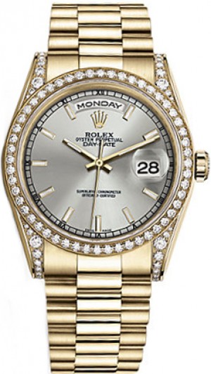 Rolex Day-Date 36 Montre en or à cadran argenté et lunette en diamant 118388