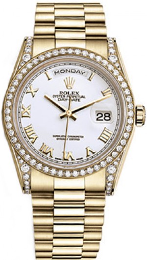 Montre Rolex Day-Date 36 en or massif à chiffres romains blancs 118388