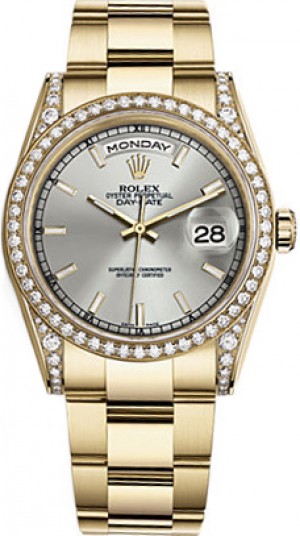 Rolex Day-Date 36 Montre-bracelet en huître avec cadran argenté et or 118388