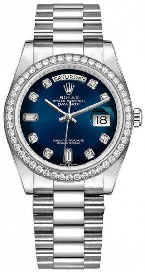 Rolex Day-Date 36 Montre pour femmes à cadran bleu et lunette en diamant 128349RBR