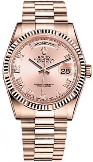 Montre Rolex Day-Date 36 rose à cadran chiffres romains en or 118235