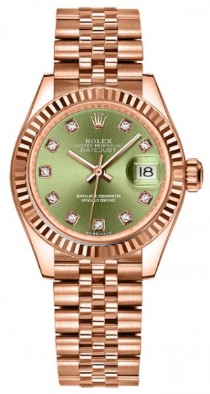 Rolex Lady-Datejust 28 Montre pour femmes à cadran vert et lunette cannelée 279175