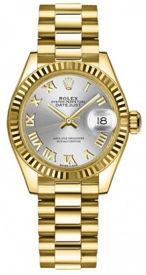 Rolex Lady-Datejust 28 Montre pour femmes à cadran argenté et lunette cannelée 279178