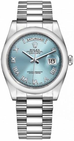 Rolex Day-Date 36 Montre à cadran bleu glacier et chiffres romains 118206
