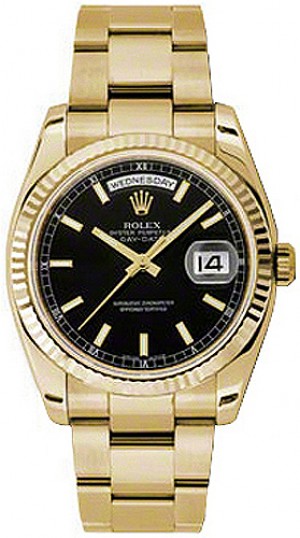 Rolex Day-Date 36 Montre-bracelet à cadran noir et huître en or 118238