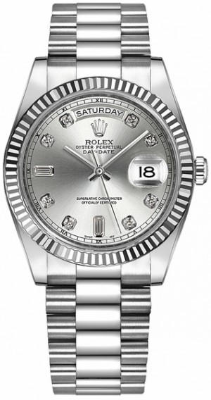 Rolex Day-Date 36 Montre en or blanc avec cadran en argent et diamants 118239