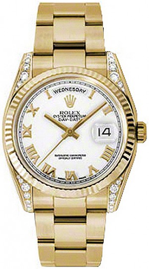 Rolex Day-Date 36 Montre en or à cadran blanc à chiffres romains 118338