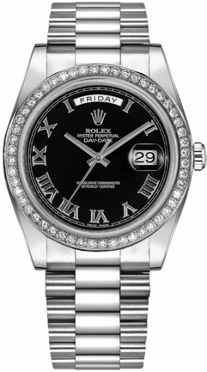 Rolex Day-Date 41 Montre pour homme en or blanc avec cadran noir à chiffres romains 218349
